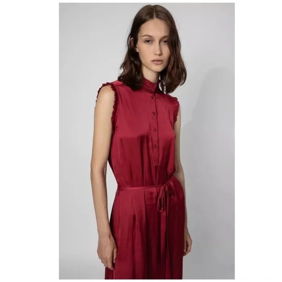 Zadig & Voltaire Feminine Lightweight Raos Satin Ruffle Midi Dress In Wine XS - Picture 2 of 16